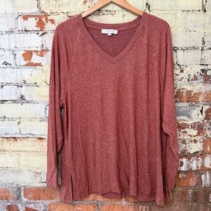 LOFT V-Neck Long Sleeve Top - Brick Red